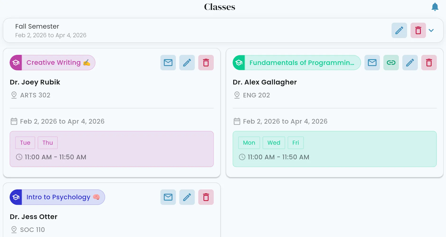 Classes list with teachers and rooms